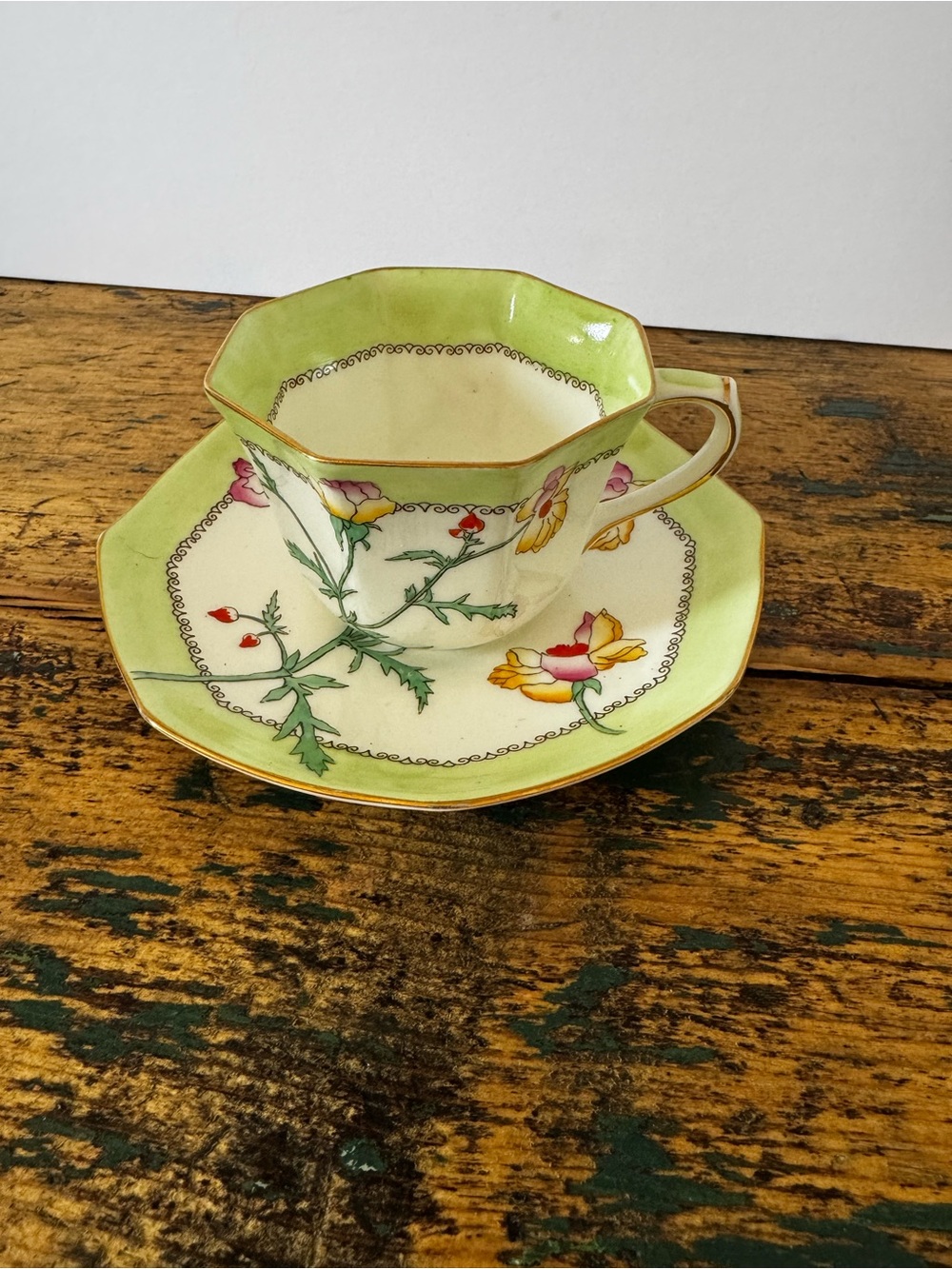 Royal Doulton Floral Teacup & Saucer in Cream, Green, Yellow, Pink